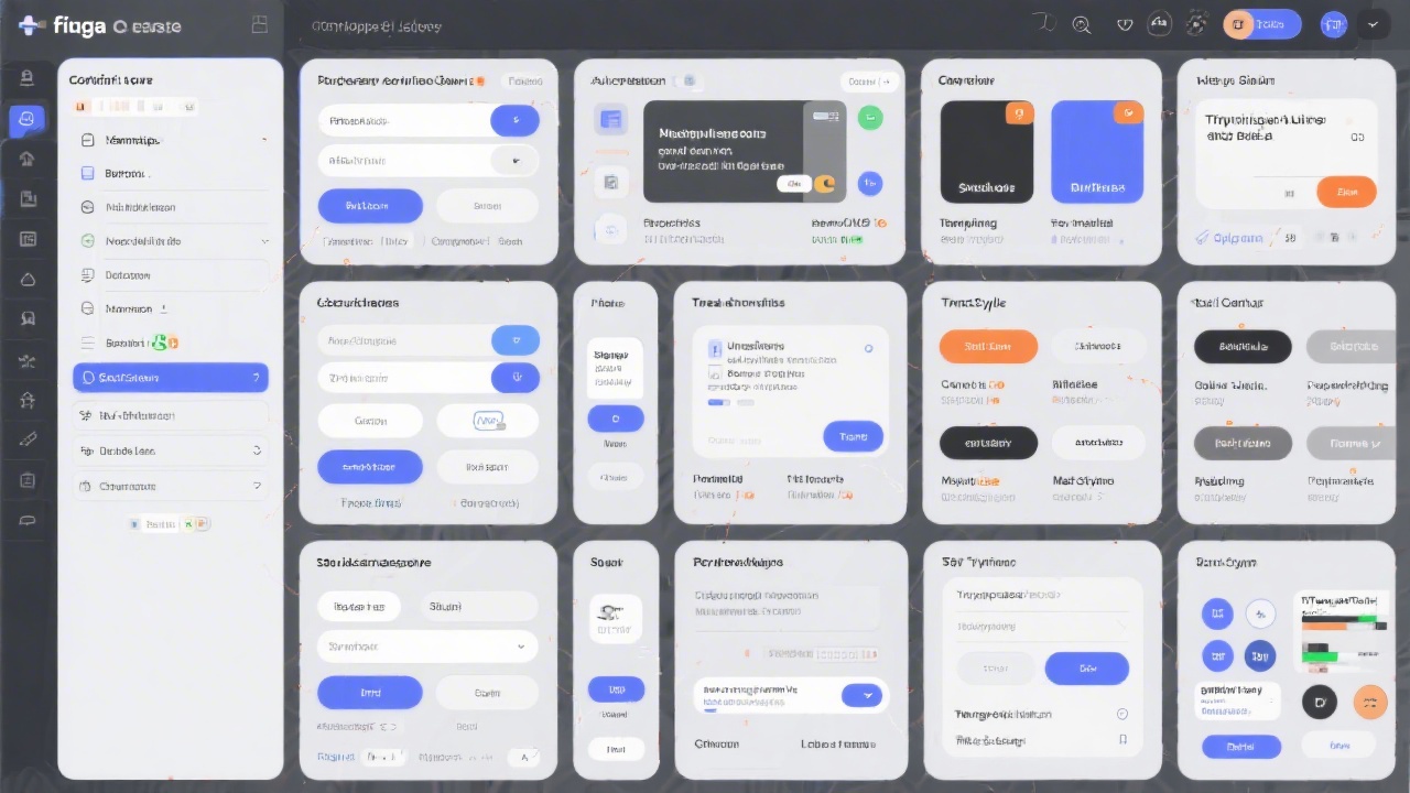 Figma canvas showing organized component library with buttons, inputs, cards and typography styles, displayed in a grid with clear naming and variant states