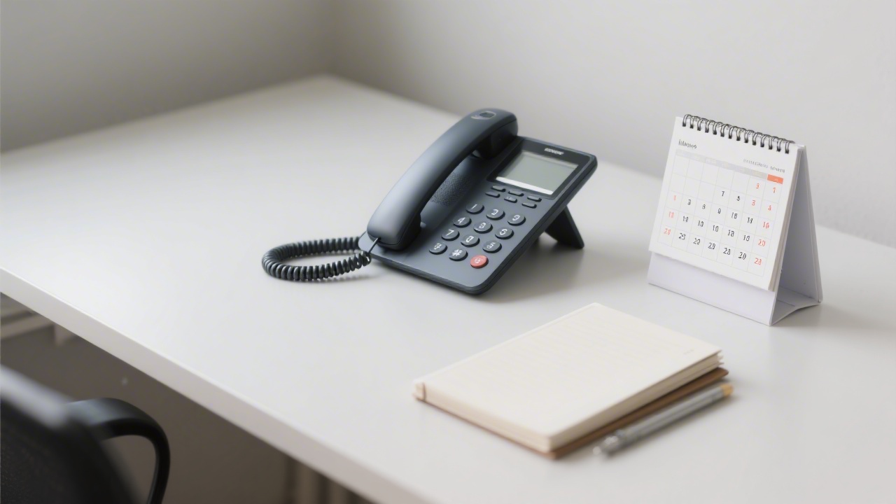 Phone, notebook and calendar on a desk with clean minimal setup, symbolizing professional contact and project planning