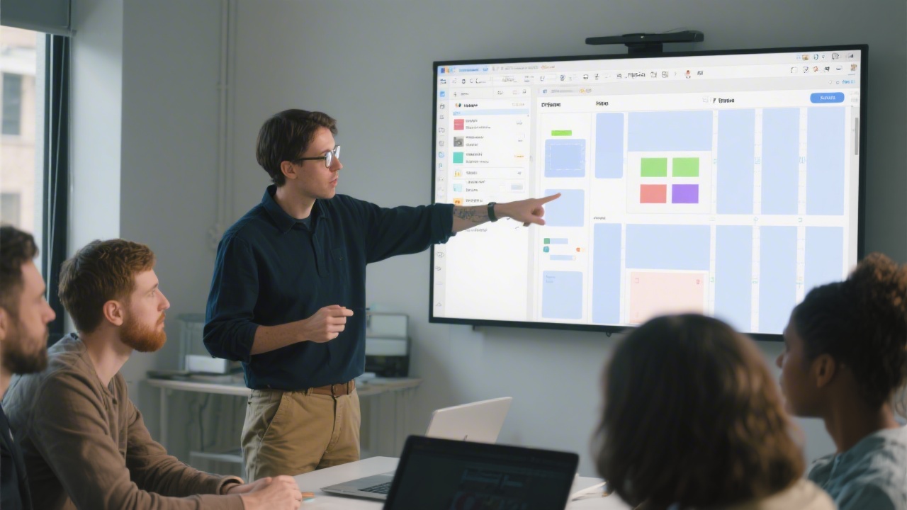 Instructor pointing at Figma interface on a large screen, showing component variants and layout grids to a small group of designers