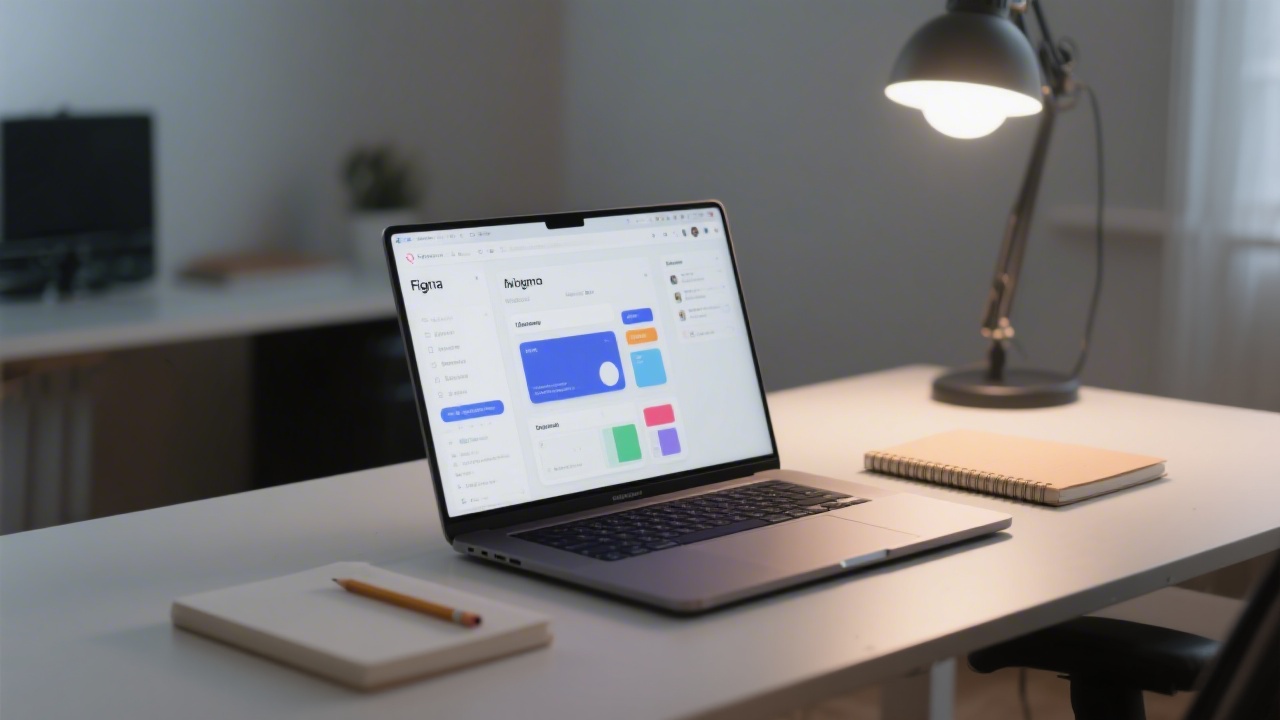 Wide desk with laptop showing Figma interface, UI cards and components on screen, notebook, pencil, and calm studio lighting for professional design training context