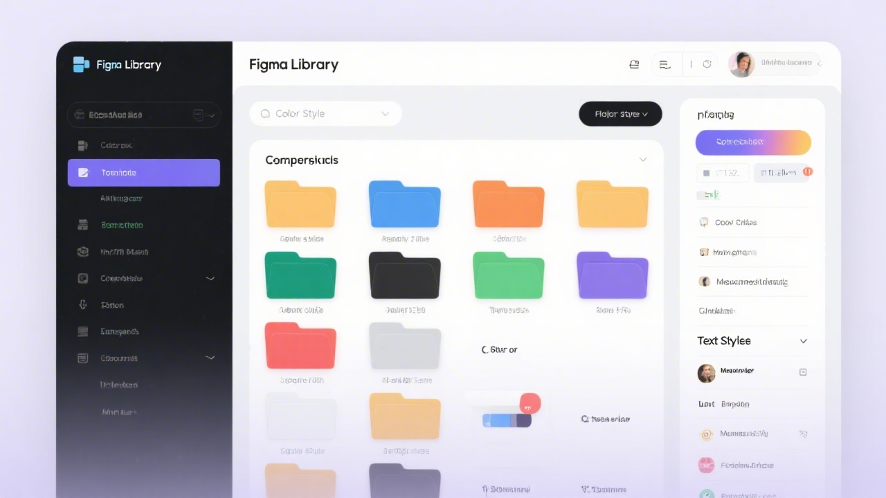 Figma library panel with organized component folders, color styles and text styles, showing consistent naming and clean structure