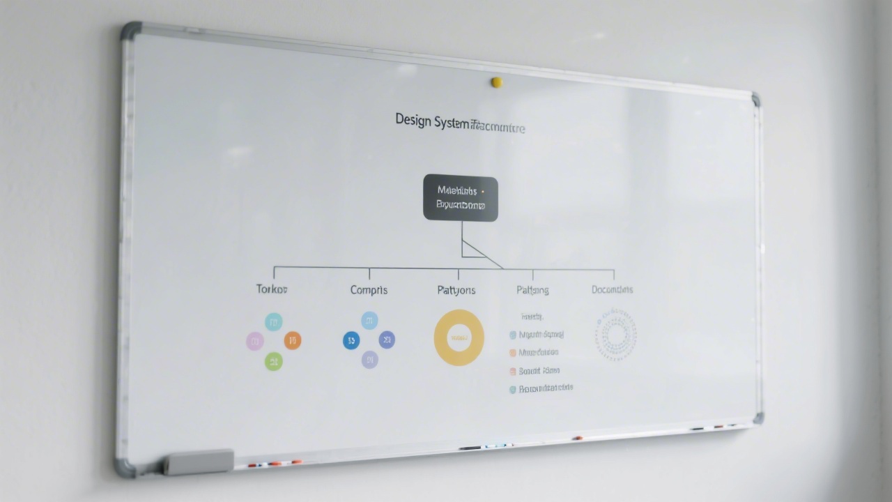 Diagram of a design system structure with tokens, components, patterns and documentation, presented on a clean whiteboard
