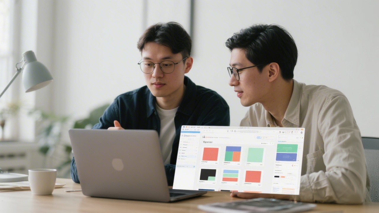 Two designers collaborating over a laptop with Figma open, discussing component variants and layout decisions in a calm, professional environment