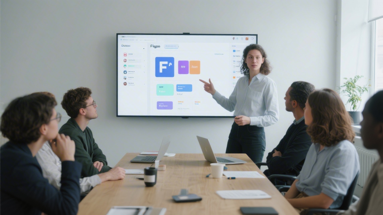 Small workshop setting with designer explaining Figma components on a large screen to a focused group of professionals in a modern meeting room